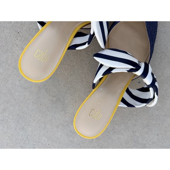 CAbi Women's Navy Blue & White Striped Bow Yellow kitten Heels Mule, Sz 8M - Picture 3 of 6